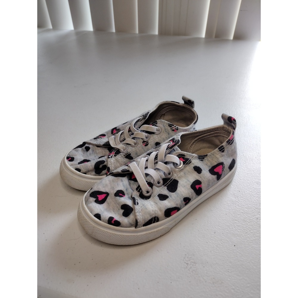 FabKids Girls Leopard Heart Print Canvas Sneakers Gray Pink Black Size 11